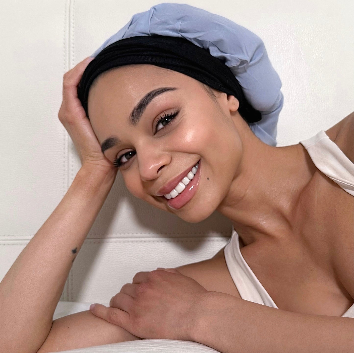 Blue 100% Silk Bonnet Sleeping Cap with Long Ties